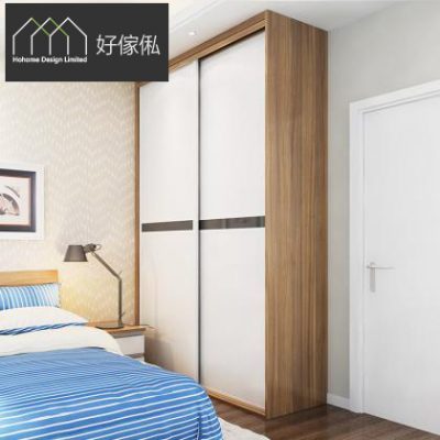 睡房角落，一個高身趟門衣櫃胡桃木色外框配磨砂白櫃門、中間有深色腰帶，右邊緊貼一道白色房門，左前方係淺木色床頭板嘅雙人床同藍白橫條床品，牆上掛有框掛畫。