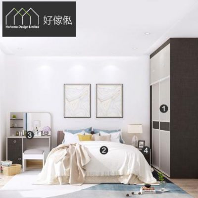 睡房四件套全景效果圖，右邊深啡到頂趟門衣櫃標1，中間米白雙人床配藍灰床屏標2鋪米色毛毯藍黃靠枕，右側床頭深色櫃標4放枱燈，左邊米白連深灰梳妝枱連白椅標3，牆上兩幅金線雲石紋掛畫，木地板採光通透。