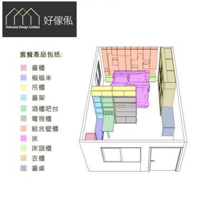 白底立體 3D 房間設計圖，用不同顏色色塊標示各件訂造傢俬位置，左邊文字圖例列出套餐產品:書櫃、榻榻米、吊櫃、書架、酒櫃吧台、電視櫃、組合壁櫃、床、床頭櫃、衣櫃、書桌，房內可見床、間牆櫃同沿牆排列嘅櫃體配置。