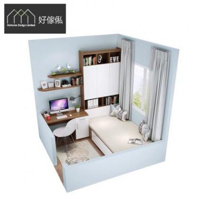 細房3D立體鳥瞰設計圖，淺藍色牆身配淺木紋傢俬，左邊牆角設胡桃木色書枱連白色矮櫃同壁掛層板，中間白色趟門頂櫃連開放式書格，右邊窗下做白色抽屜地台床，淺色木地板，整體睡房連工作區一體訂造組合。