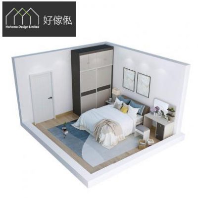 睡房立體3D設計俯視圖，白色房間連白色房門，靠牆深啡到頂趟門衣櫃，中間米白雙人床鋪米色毛毯配藍黃靠枕，床頭兩幅雲石紋掛畫，右邊深色梳妝枱連白椅，地下藍白地氈配淺木地板，呈現整體傢俬佈局。