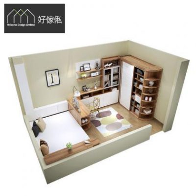 睡房全屋傢俬俯瞰3D設計圖，左下角白色床褥配淺木地台床框，中間一張木紋電腦枱，右上角為L形木色組合櫃，上層開放式書架擺書與裝飾、下層白色門櫃，旁邊白色趟門衣櫃與轉角弧形展示層架，地下淺木地板配圓點圖案地氈，角落貼好傢俬 Hohome 標誌。