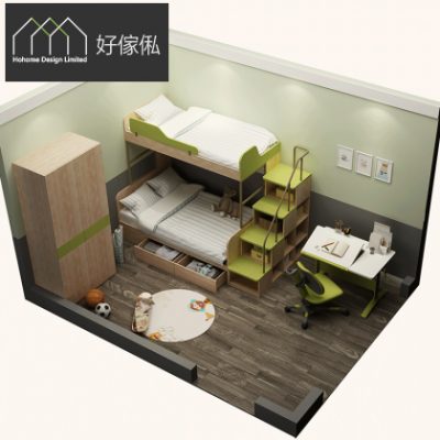 兒童房3D俯瞰效果圖，左邊淺木色趟門衣櫃，中間淺木加青綠色碌架床，上層床連護欄、下層床連抽屜同側邊梯櫃，右邊牆角擺住書枱連青綠色書桌椅，地下圓形地毯旁有足球，深木紋地板。