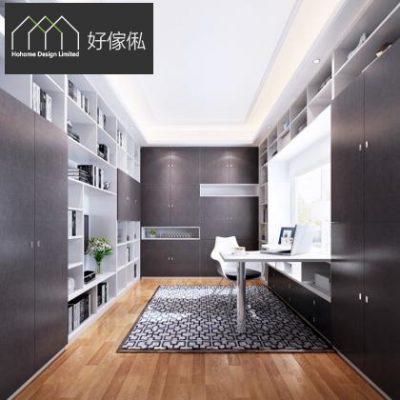 完整開放式書房效果圖，三面牆都訂造傢俬：左邊純白格仔書櫃放滿書本，正面深灰木紋到頂櫃連吊櫃，窗邊白色工作枱配白色座椅同手提電腦，右邊接駁白色高櫃；地下鋪黑白幾何地氈，淺色木地板，天花有間接燈槽。
