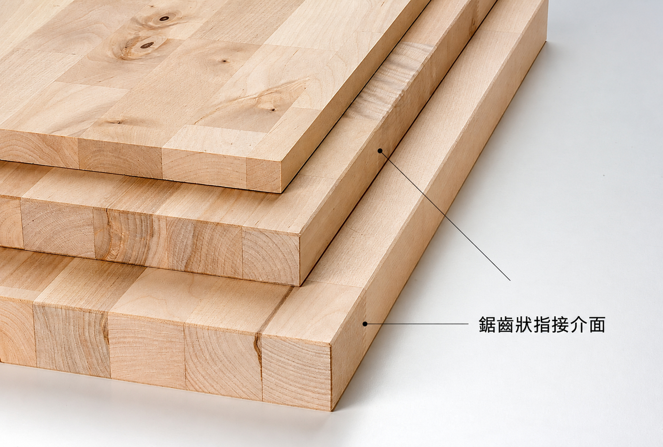 三塊木板疊放，展示木條拼接與板邊接合位置