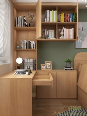 It can be matched with a desk and custom-made cabinets for increased storage. The combined wood grain gives the space a uniform look and feel. 