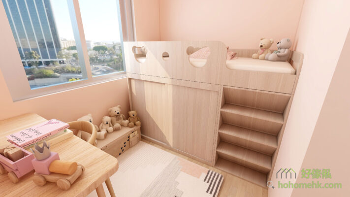 Lena小熊高架床採用樓梯櫃設計，方便小女生上下床，而且上鋪圍欄的小熊形狀設計，為臥室添上可愛感。
