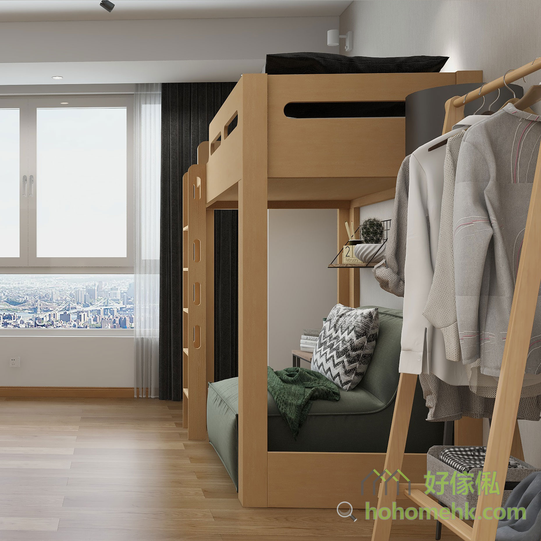 木紋色系的高架床，打造溫暖的家居。