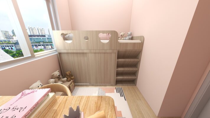 组合床下层的衣柜可以取代高身衣柜，卧室还有空间放书桌和划出玩乐区。