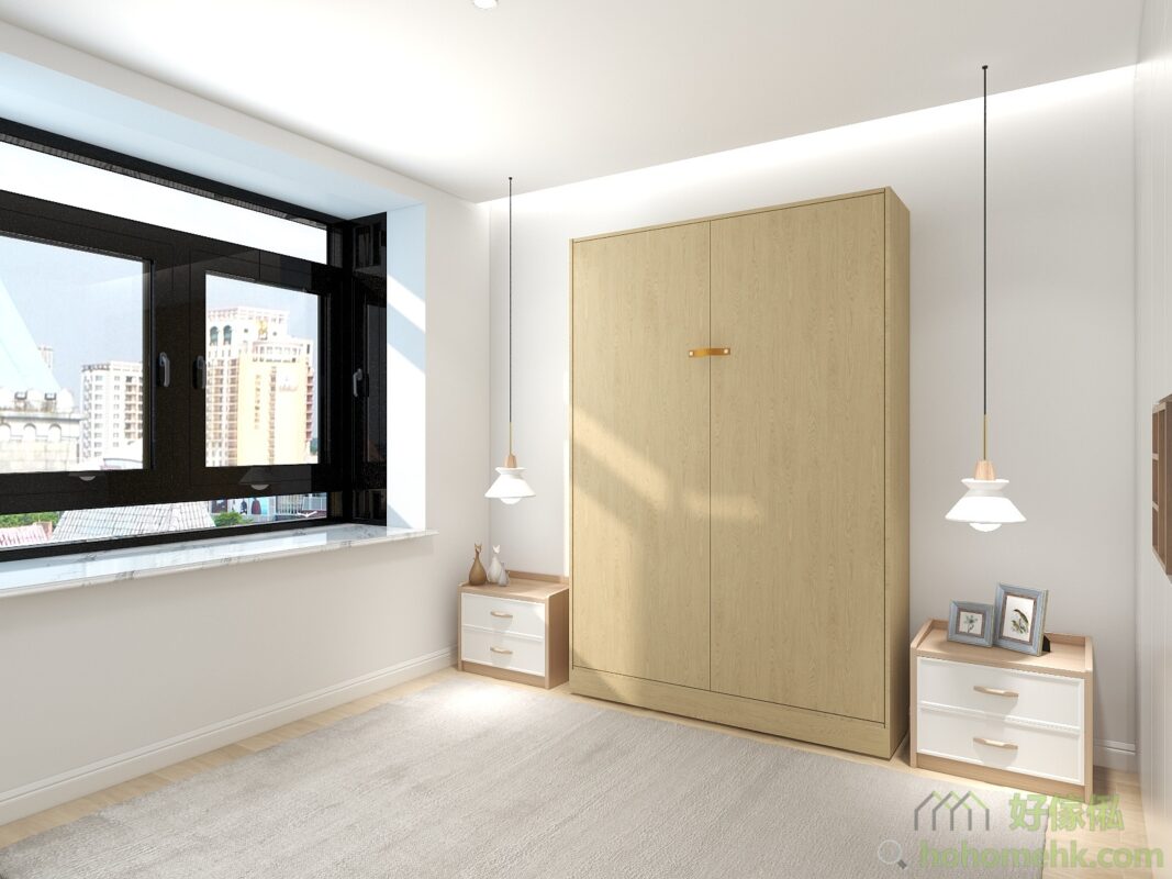 Ultra-space-saving design with 350mm depth, especially suitable for small apartments. The hidden metal legs will flip out automatically when the murphy bed is opened.