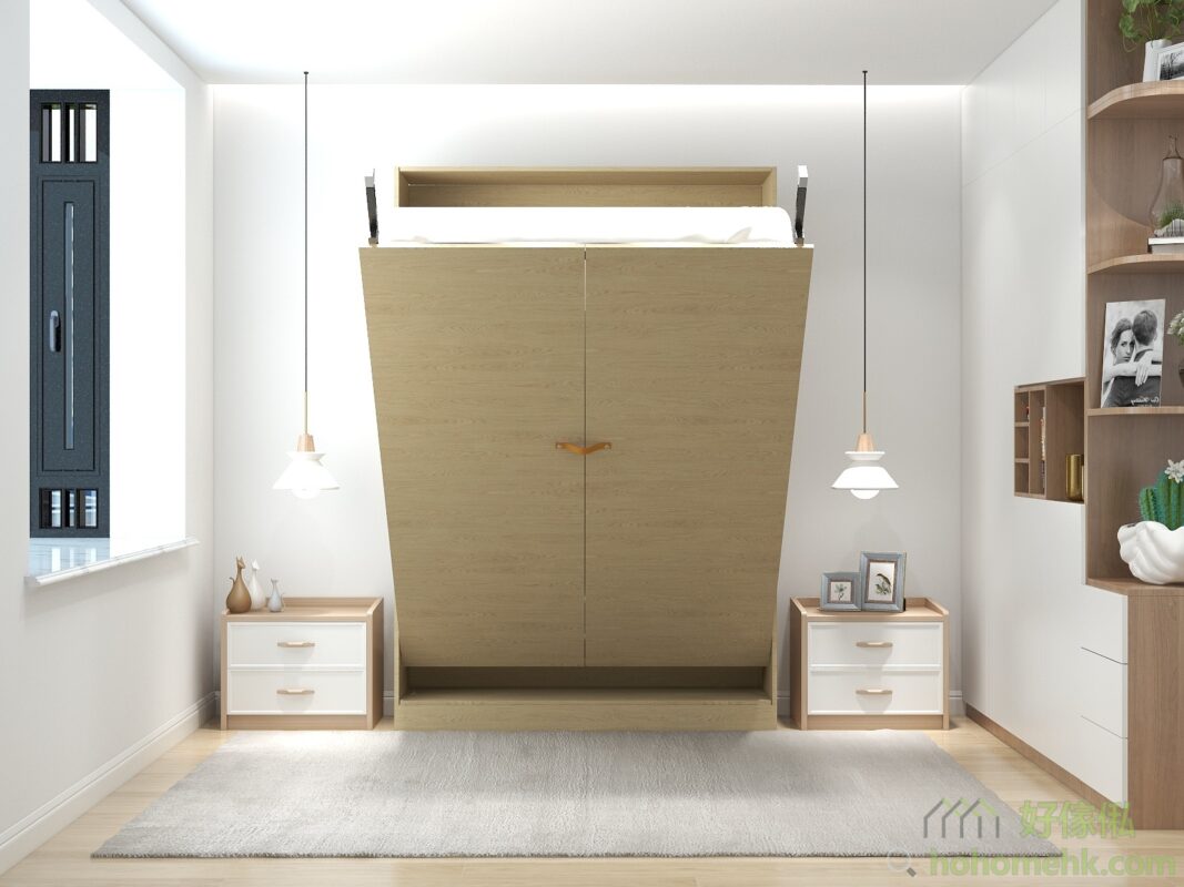 Ultra-space-saving design with 350mm depth, especially suitable for small apartments. The hidden metal legs will flip out automatically when the murphy bed is opened.