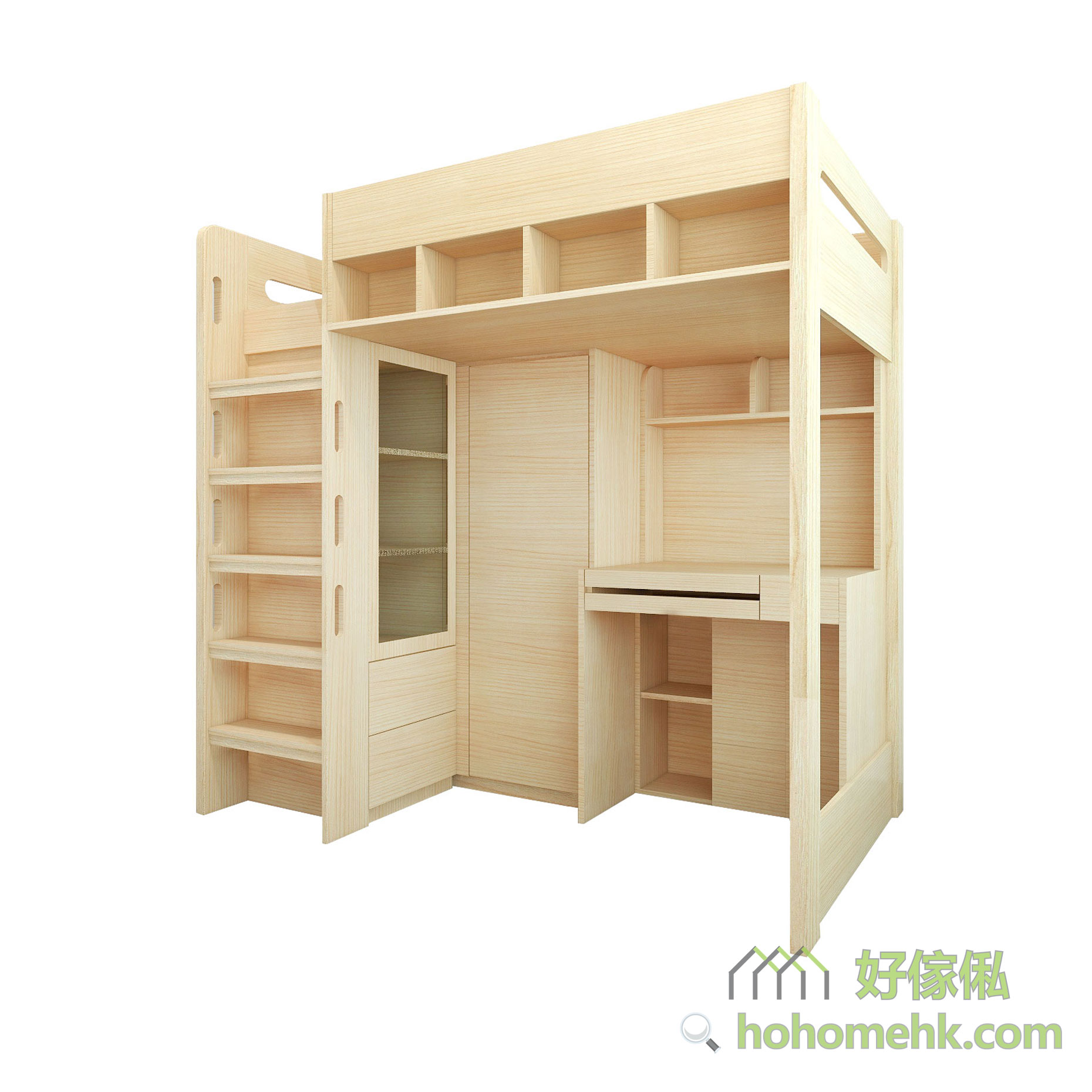淺木色高架床組合喺純白背景下嘅立體render，由另一斜角影，上層睡床圍欄連頂部四格櫃，落層玻璃門衣櫃連抽屜、掩門櫃同內嵌書枱，左側木製直梯，整體木紋自然