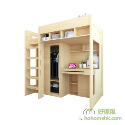 白色背景去背展示高架床連衣櫃書枱組合，淺木色木紋飾面，左邊直身爬梯連層架，床下中間衣櫃開門見掛衣同摺好衣物，右邊書枱面擺平板同筆筒、上方層架擺音響同相架，下方連格仔櫃同抽屜，結構清晰可見。