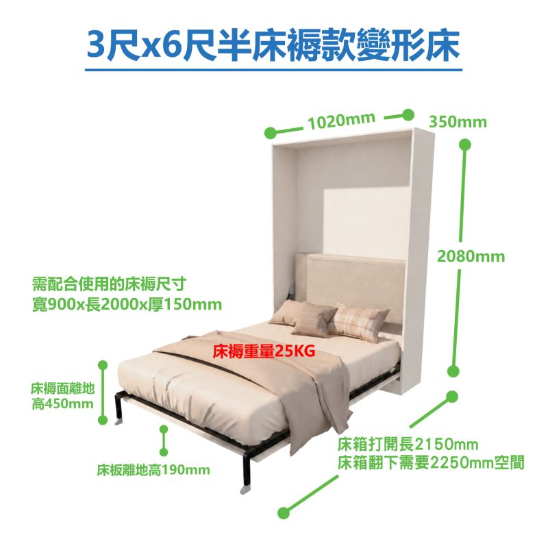 白色Livo 3尺×6尺半直翻變形床示意圖，米色床褥放在黑色床架上，綠色標示列出床箱高度、闊度、深度及展開空間。