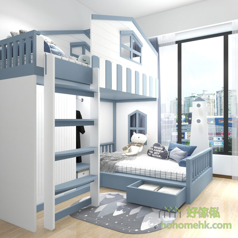 藍白色配搭是兒童床常見的配色，清新自然的感覺，休息時更能放鬆心情