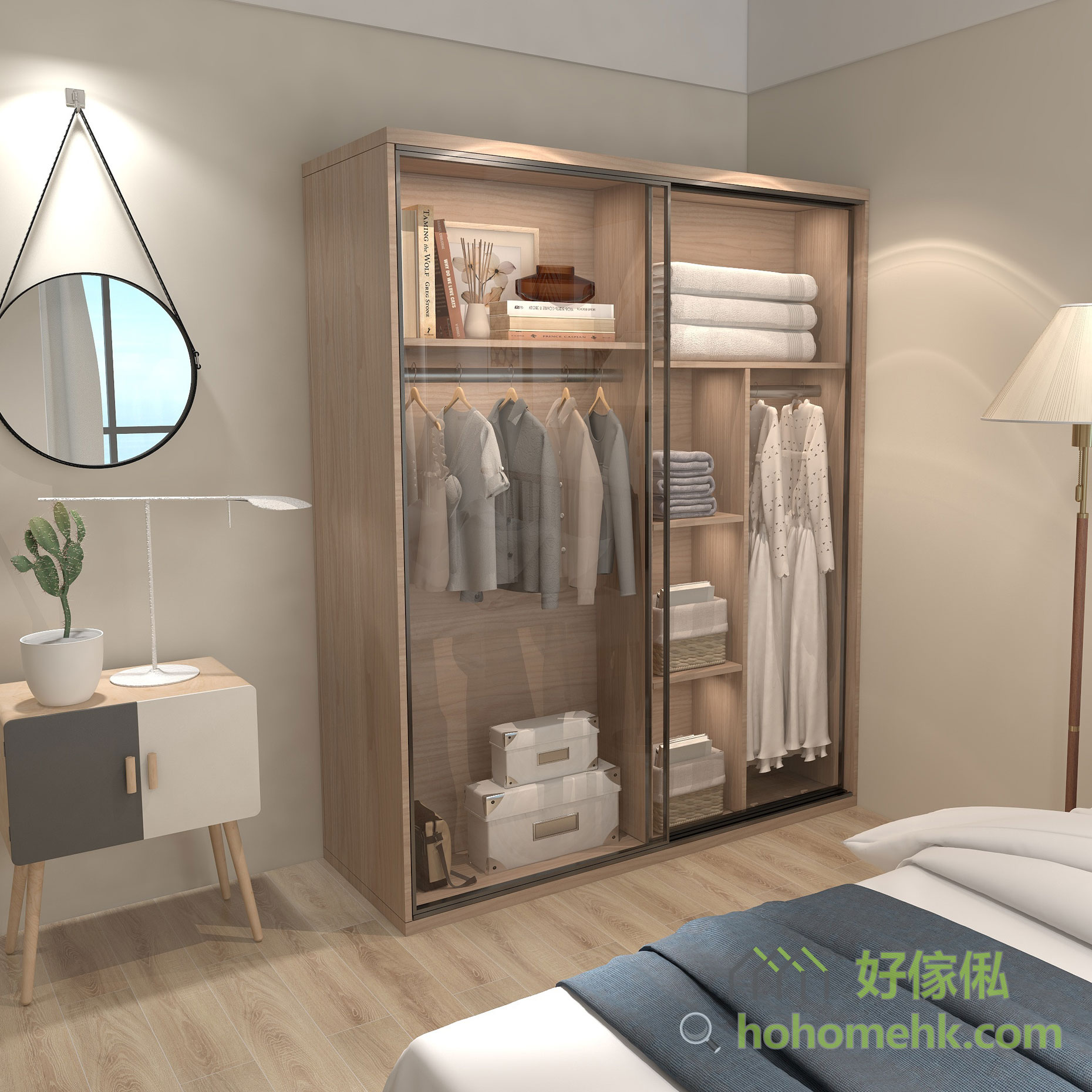 有沒有想過衣櫃都可以成為睡房裡的裝飾品？只要一個玻璃趟門衣櫃就可以為睡房增加現代感了。
