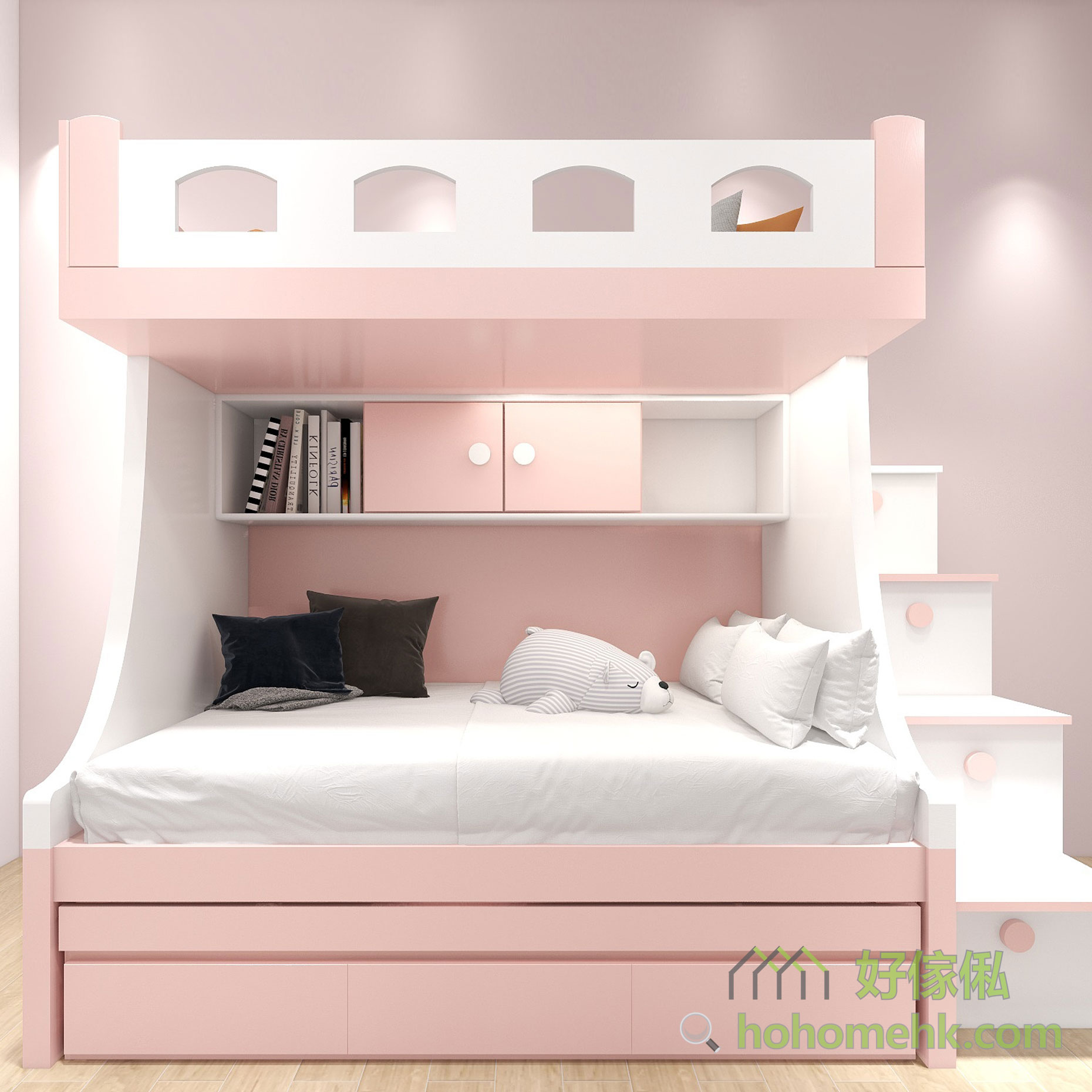 粉紅和粉藍配上白色，是柔和而舒服的配色，用於上下床有助放鬆心情、更容易入睡。