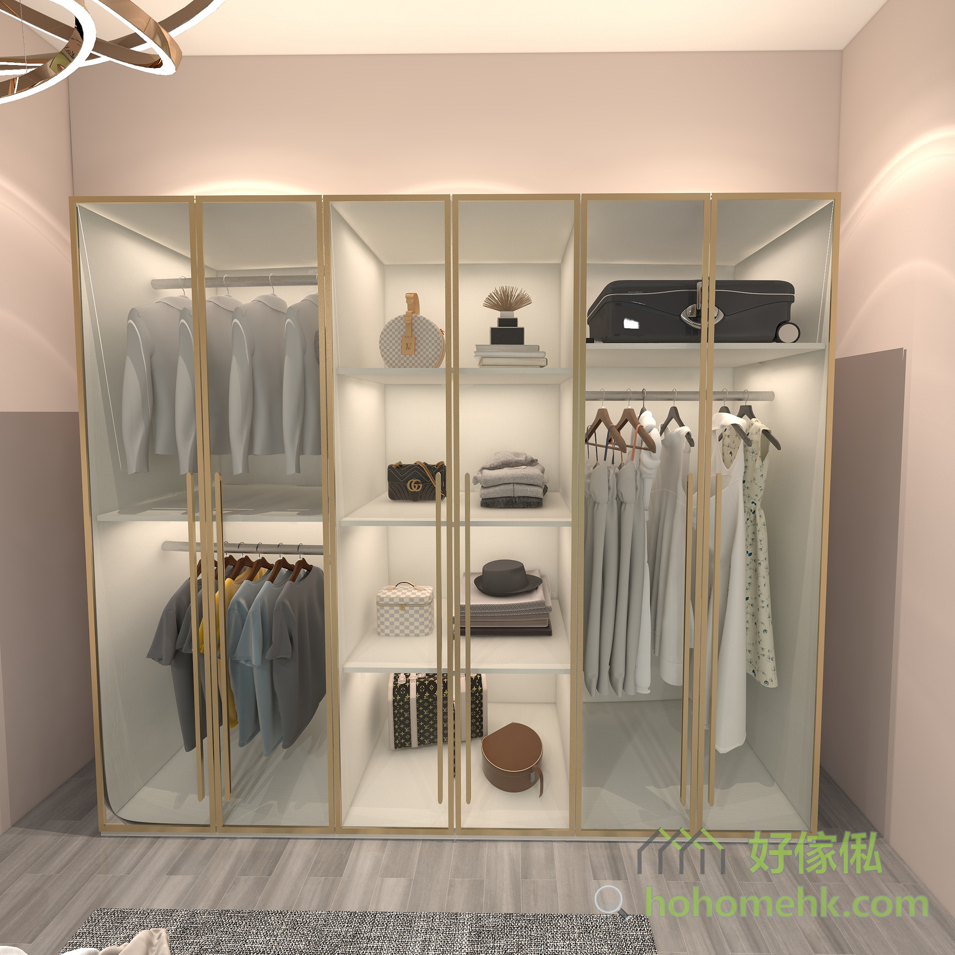 2門、3門、4門、5門和6門多種衣櫃規格，以層板區和掛衣區組成，方便收納不同類型的衣服。