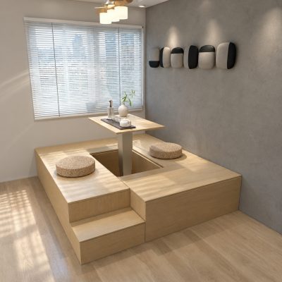 木色地台中央有升起的枱面，兩側放有圓形坐墊