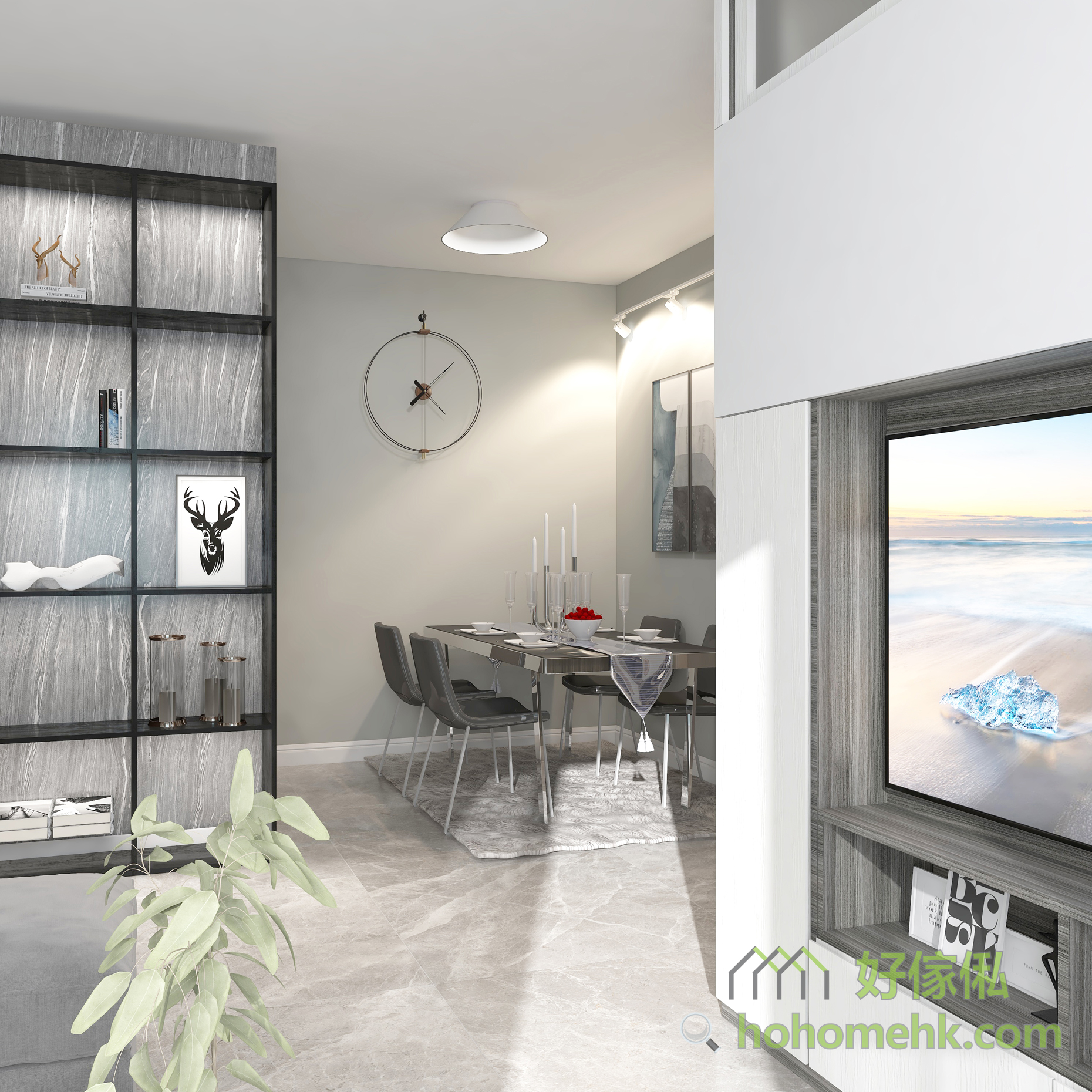 電視櫃正面部份以白木紋為主，可以讓灰調家居顯得明亮。