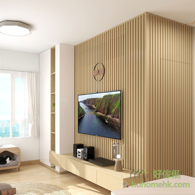木條子不但可以用在特色牆和傢俬上，更可以用來訂造成間房櫃、間房牆。