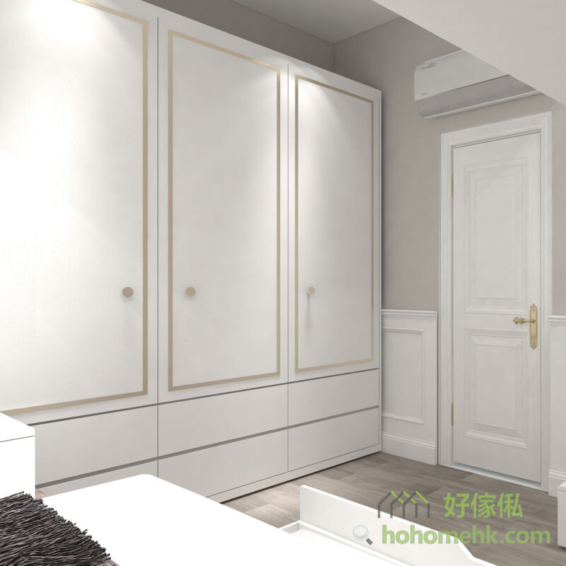 白色配金色的輕奢風睡房案例，有齊L形床、子母床、衣櫃、樓梯櫃、書枱。