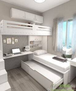 【白配金】輕奢風睡房傢俬 - L形床、子母床、衣櫃、樓梯櫃、書枱