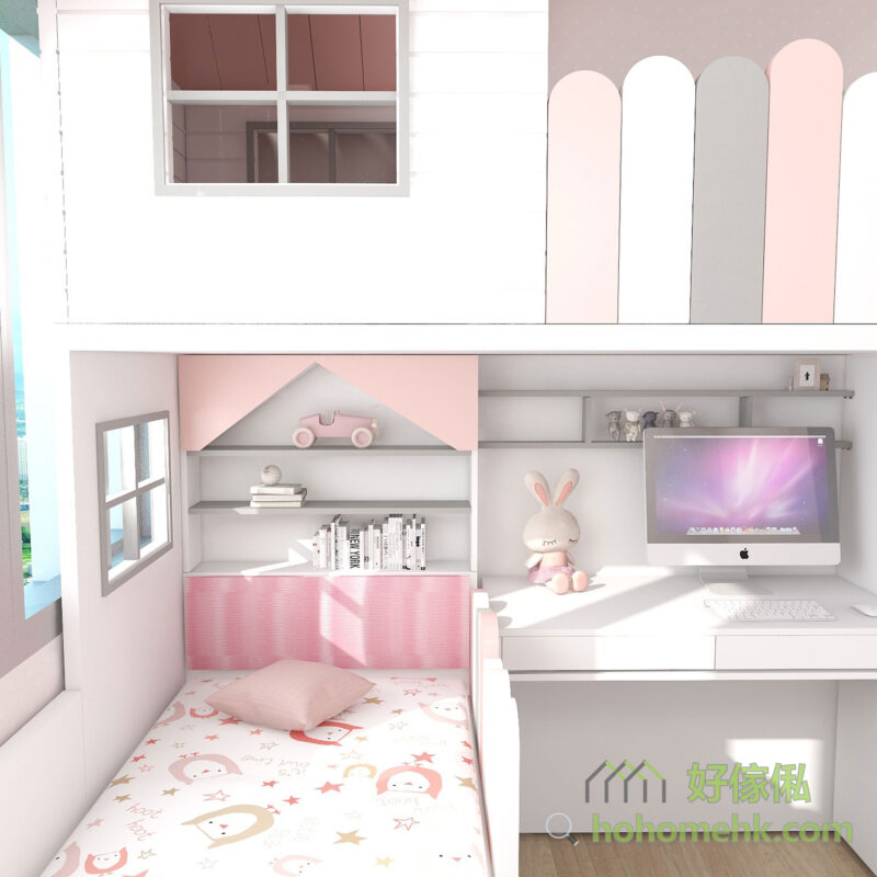 兒童房和睡房是仔女個人的小天地，自然可以按他們的喜好去設計及配色，女仔就一定會喜歡粉紅色和屋仔床的設計啦。