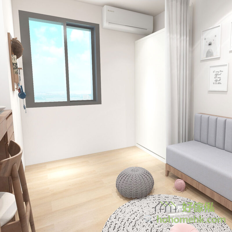 直翻床收起後可打通客廳空間，睡覺時才把床翻下來，靈活運用傢俬的常用時間慣性，打造一個更具空間感的家居環境。