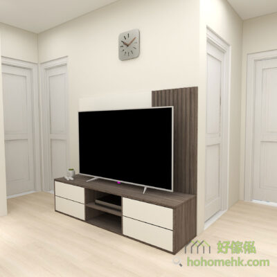 電視矮櫃揀了一個深少少的咖啡木紋色配米色，加上特色的木條子設計，電視櫃輕易成為客廳的C位和主角。