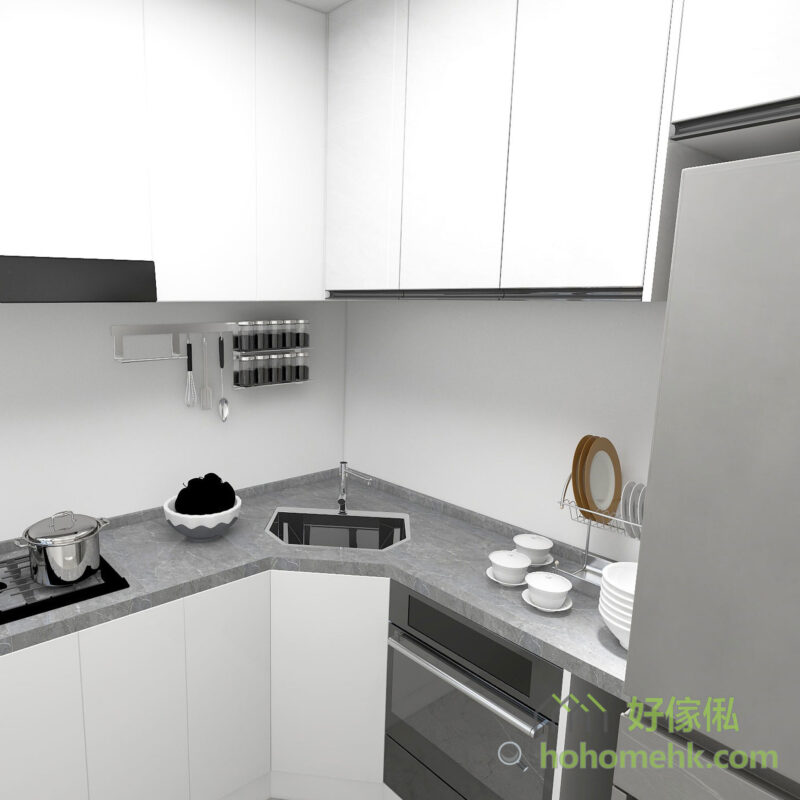 今次的廚櫃案例就採用了L形加小斜角設計，鋅盆可以安裝在轉角位置，非常慳位！
