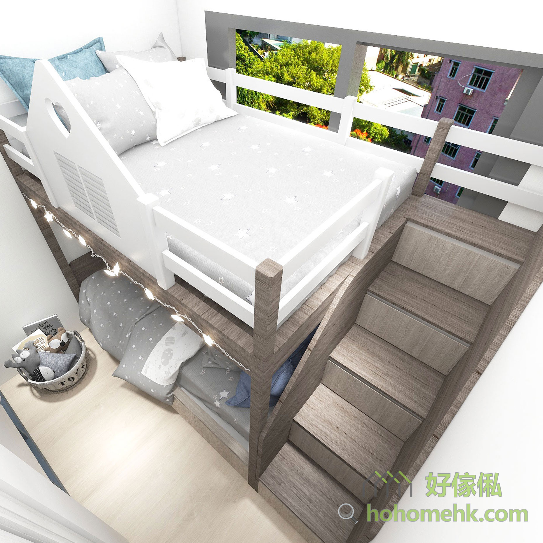 兒童房屋仔雙層床高角度俯視3D效果圖，上格床白色屋型護欄配鏤空百葉，鋪有灰色被鋪，右側啡木色實心樓梯連抽屜，可見白色窗框及窗外城市綠樹景觀，地板見地台及星星燈串