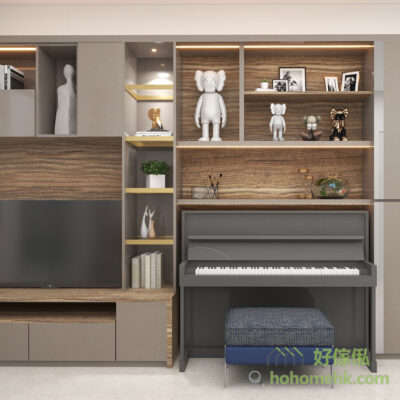 鋼琴櫃跟電視櫃一體成形亦可以！有些單位客飯廳的格局是長方形，10-20尺的牆身直接做一整排儲物櫃，非常得體、大器，又好用，鋼琴櫃跟電視櫃連在一起，設計簡約不累贅！