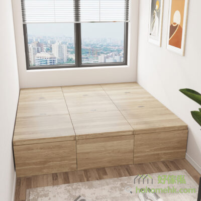 榻榻米箱自由組合出一張大床，無床頭設計更簡約、清爽，善用細房空間。