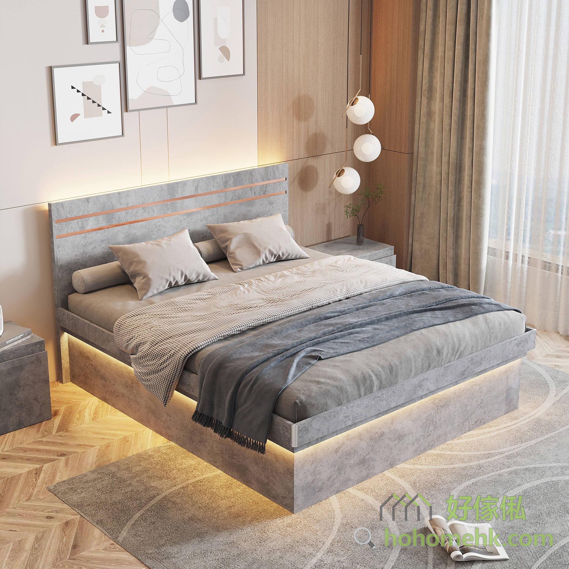 床頭板精心設計，貼上玫瑰金不銹鋼裝飾條，時尚大器，展現與眾不同的品味。