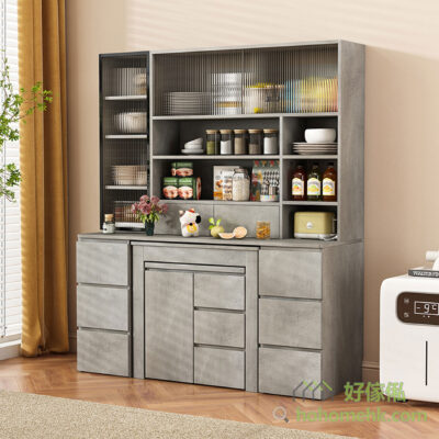 Vito+The modern sideboard can be used together with the Vito+ retractable dining table for 12 people, where dishes, teacups, coffee machines, seasonings, dried fruits, microwave ovens can be placed, showing multi-functional dining room storage.