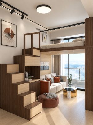 木色高架床、樓梯格與下方工作位