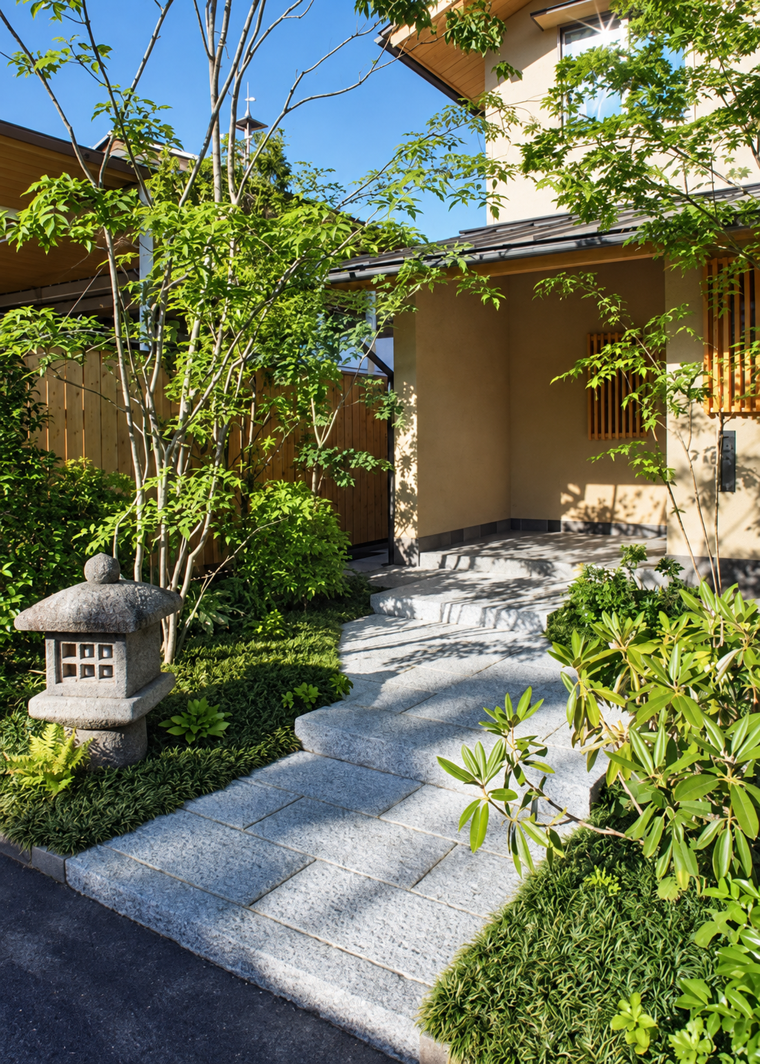 植物旁石材步道與建築接位