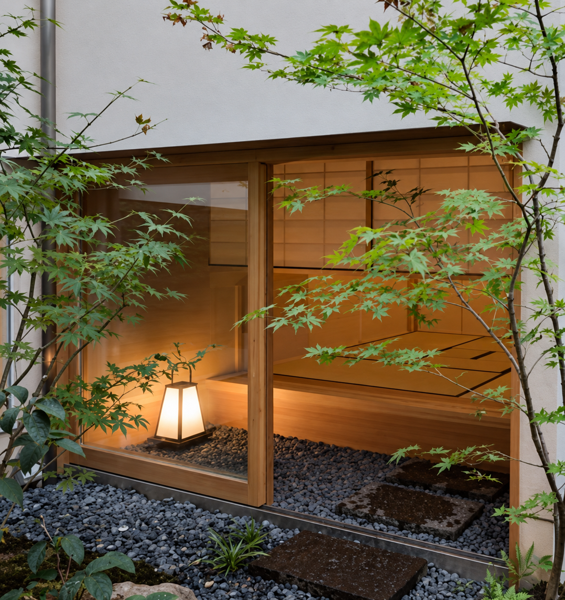 日式庭院、木色外牆與植栽配置