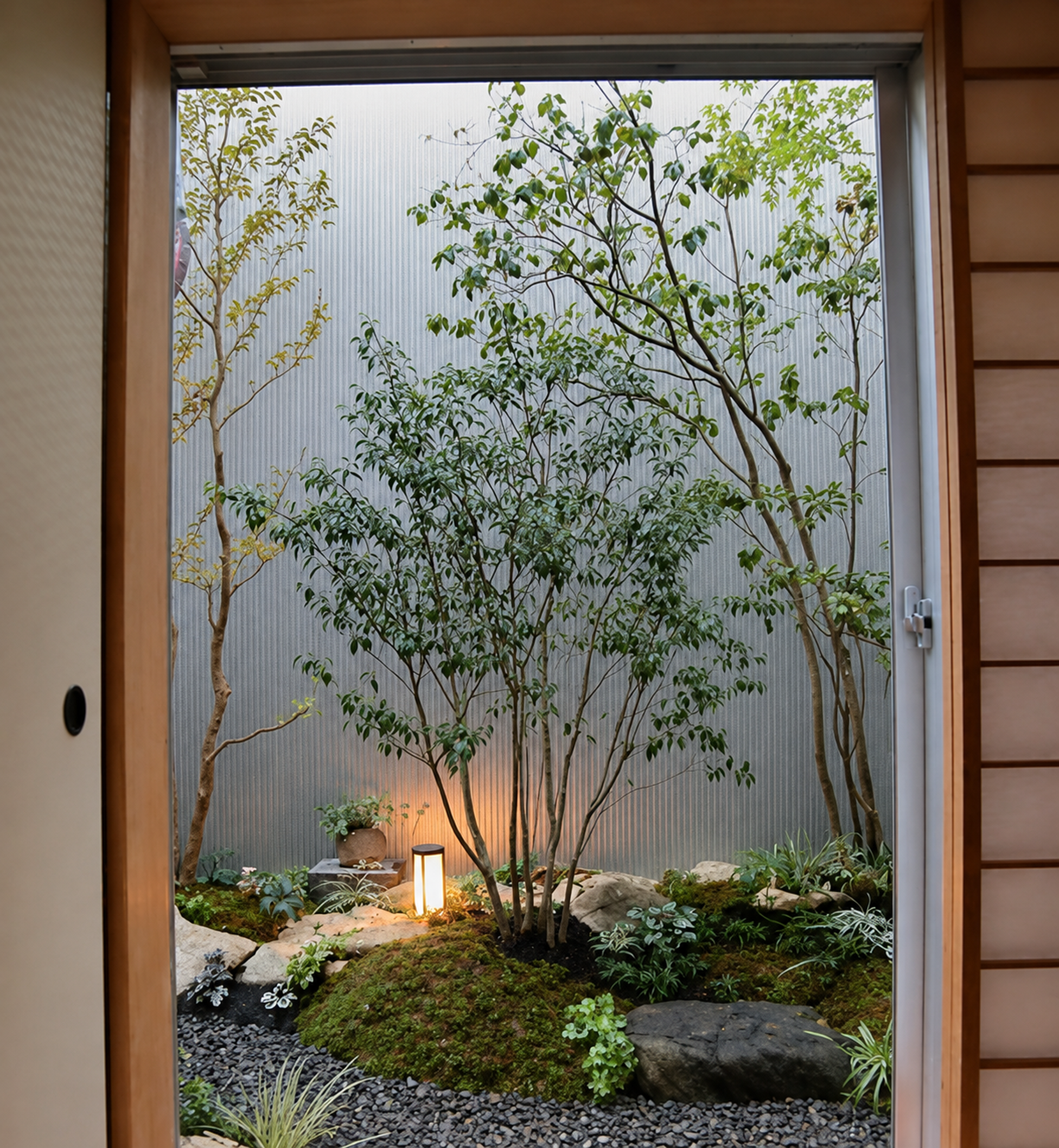 庭院石材、植栽與室內木框相連配搭