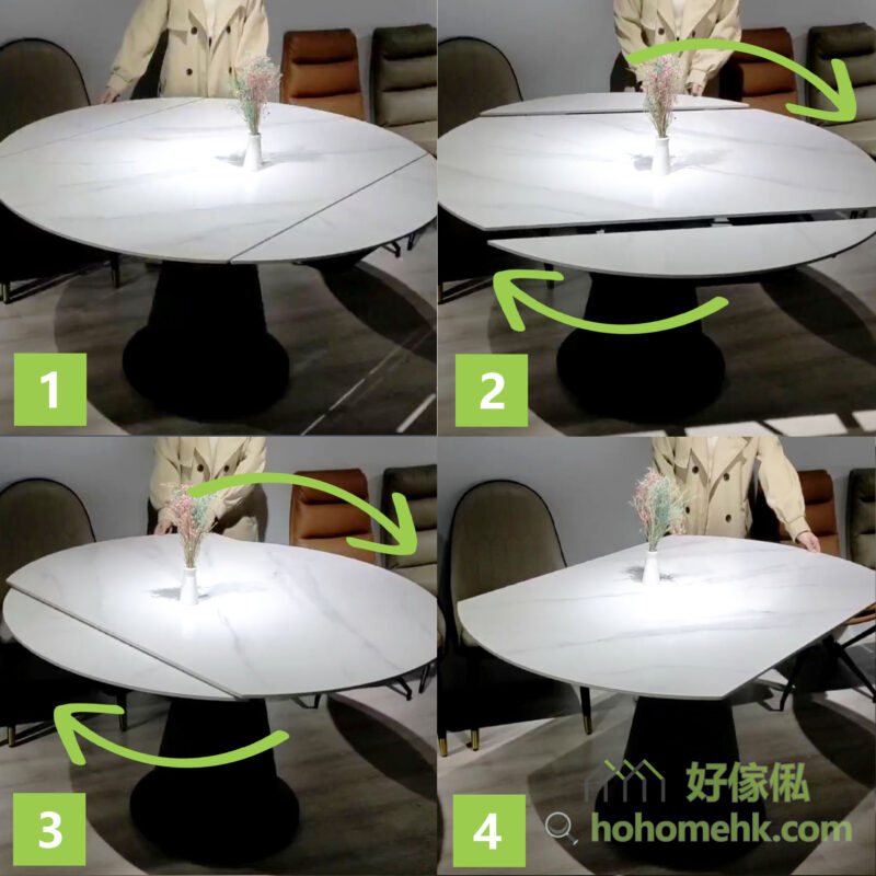 TiaR旋轉變形岩板圓餐枱開合桌面只需要單手就可操作！由圓枱收合變馬肚形枱，只需要順時針方和轉動桌面，當想由馬肚形枱打開成圓枱，逆時針旋轉桌面即可，不費力，超簡單！