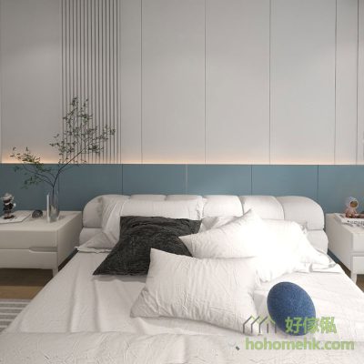 拼色實例: 穩重的冰川藍，為房間增添一抹舒爽的清涼感。