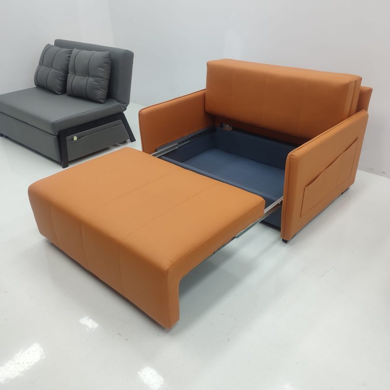 1.35米梳化床實拍照，橙色科技布 (隨緣布藝貓抓布896-11 (梳化)、隨緣布藝貓抓布896-12 (cushion))