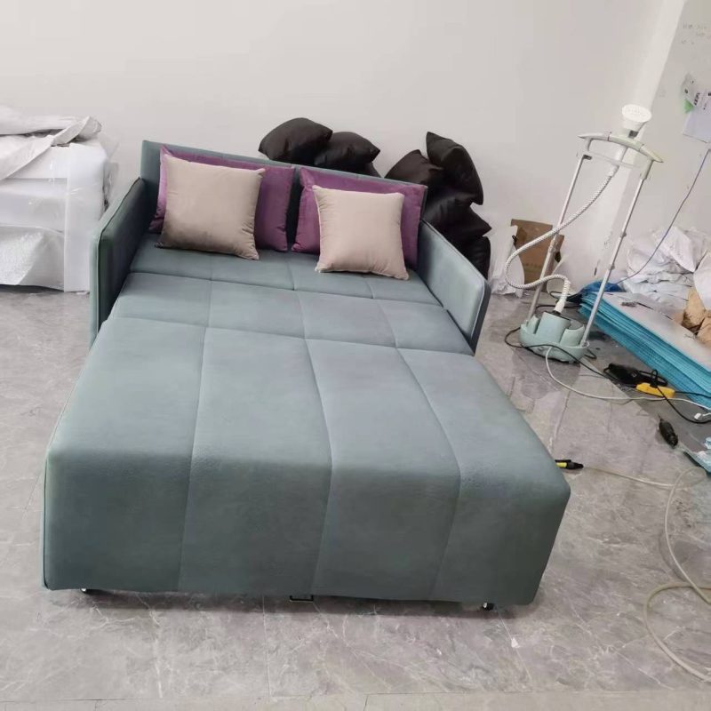 1.35米梳化床實拍照，灰藍色科技布梳化+布藝cushion (平搏布藝F22-10、新東方米色絨布XDF5187-42 (小枕)+新東方紫色絨布XDF5187-33 (大枕))
