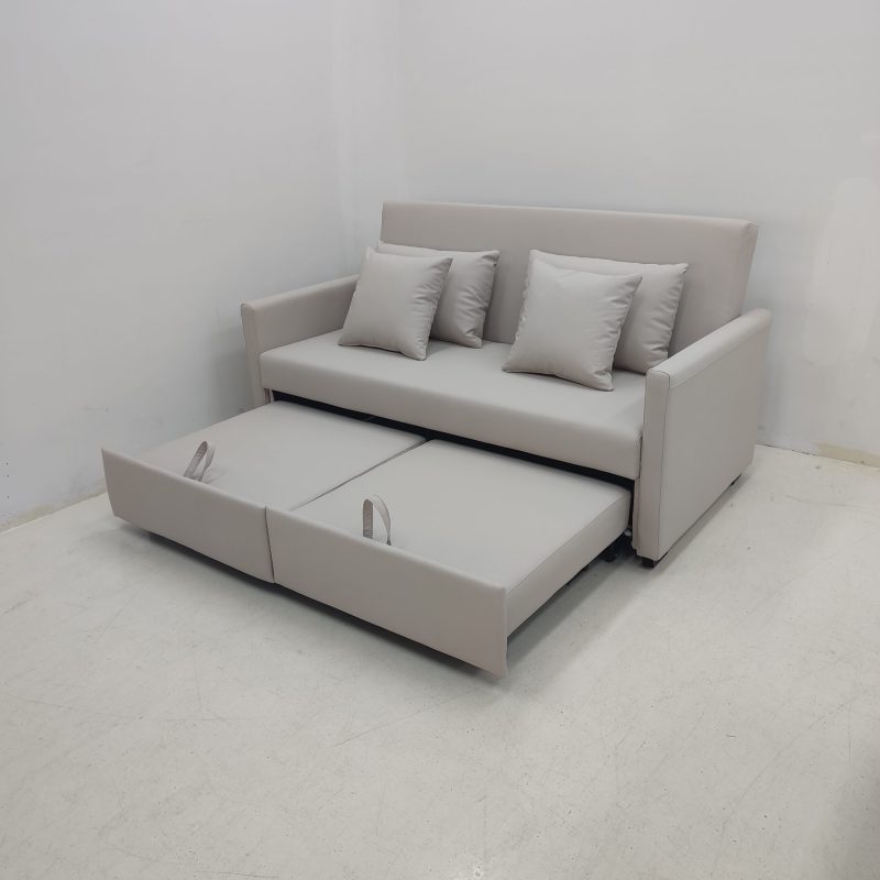 1.65米梳化床實拍照，中間平分，杏色貓抓皮梳化+cushion (仁益1976-3)