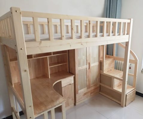 Physical photo: original wood color (clear lacquer wood) bed frame + wardrobe bookcase + staircase cabinet (ladder on the right)