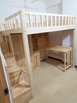 Physical photo: Original wood color (clear lacquer wood) bed frame + wardrobe bookcase + staircase cabinet (ladder on the left)