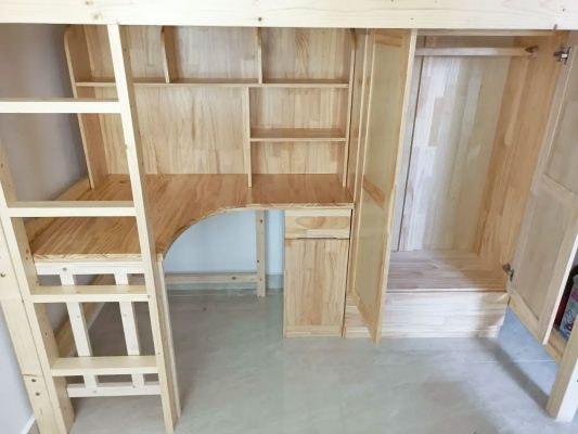 Physical photo: Original wood color (lacquer wood) bed frame + wardrobe bookcase + straight ladder (ladder on the left)