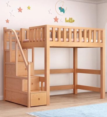 The side of the bed has a practical staircase cabinet, which is easy for children to go up and down, while the interior of the ladder is designed into a number of storage drawers, which can store toys, books and clothes, greatly saving room space. The open area at the bottom of the bed can be flexibly used as a play area or a study area to fully meet the needs of children's daily activities.