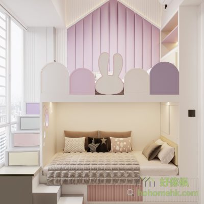 Whether it is a 3-year-old, or a 13-year-old girl, there is no resistance to the soft cute bunny ~ the designer designed a cute bed with a pink theme for the customer's daughter, but also cleverly with the height of the windowsill, the integration of the staircases, so that the height of each stair can be shorter and less, convenient for children to go up and down.